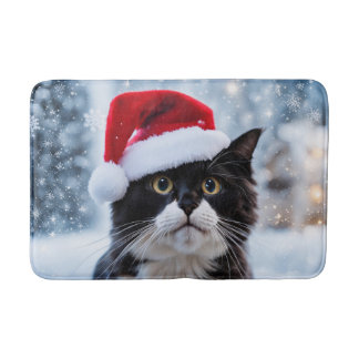 Black and white cat Christmas Bath Mat