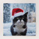 Black and white cat Christmas Jigsaw Puzzle<br><div class="desc">Cute Black and white cat wearing a Santa hat.</div>