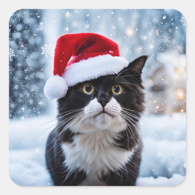 Black and white cat Christmas Square Sticker (Front)