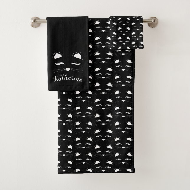 Black and White Cat Face Bath Towel Set (Insitu)
