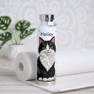 Black and White Cat, Flowers and Butterflies   Water Bottle