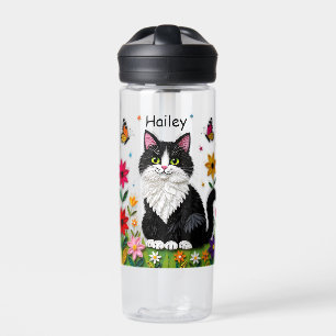 Black and White Cat, Flowers and Butterflies   Water Bottle