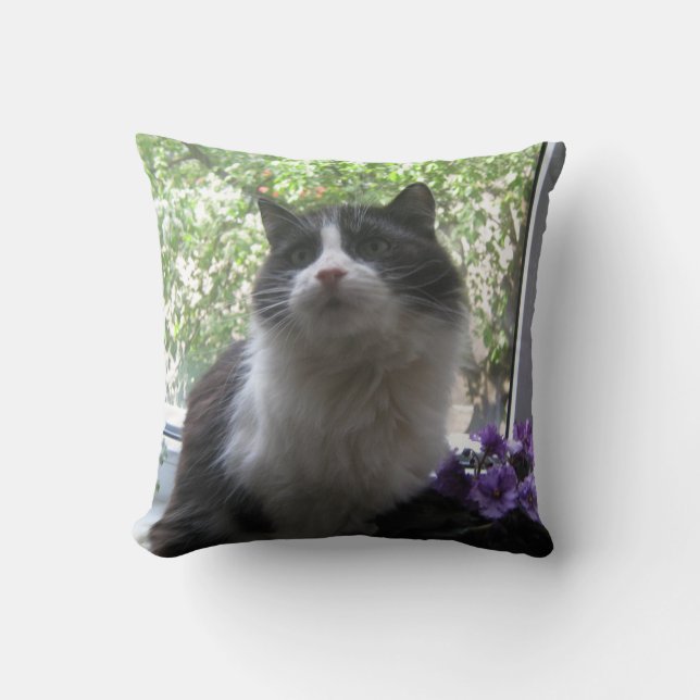Black and white cat, flowers. throw pillow (Front)
