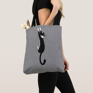 Black and White Cat Hanging On   Funny Tuxedo Cat Tote Bag