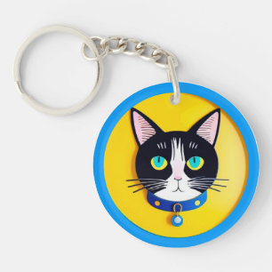 Black and White Cat Illustration with Blue Eyes Keychain