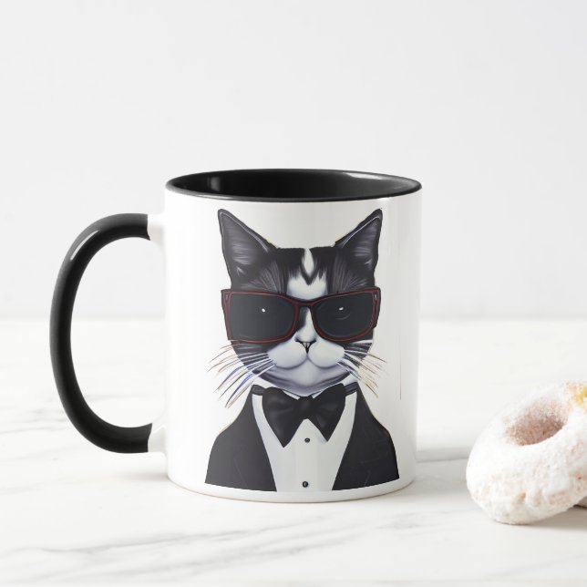 Black and White Cat in a Tuxedo and Bow Tie Mug (With Donut)