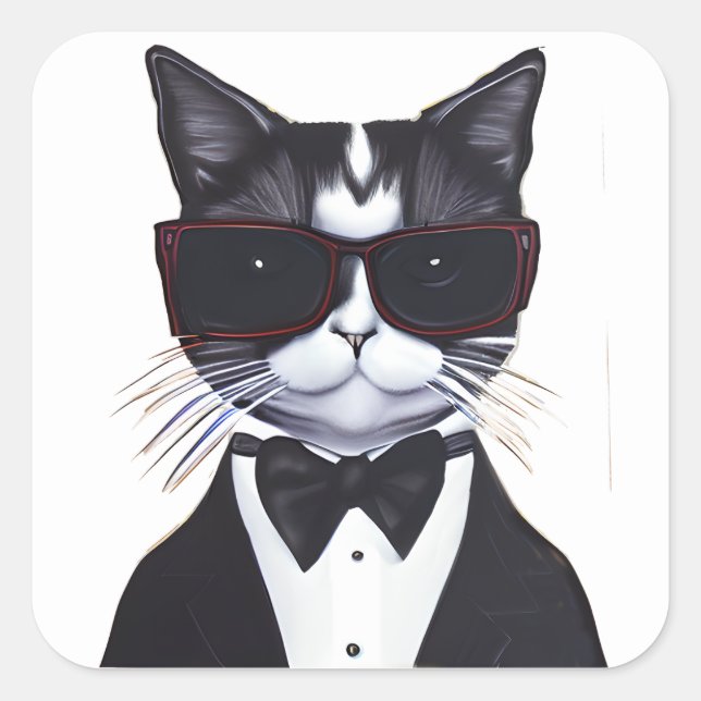 Black and White Cat in a Tuxedo and Bow Tie Square Sticker (Front)