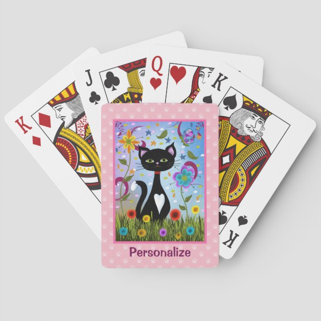 Black And White Cat In The Garden Personalized Playing Cards (Back)