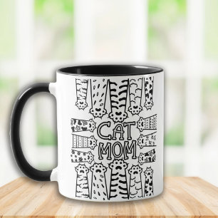 Black and white cat mom with cat paws mug