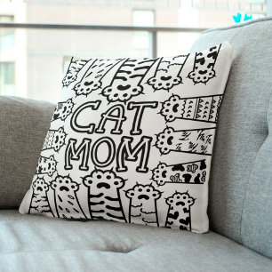 Black and white cat mom with cat paws throw pillow