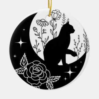 Black and White Cat Moon Window Suncatcher Ceramic Ornament
