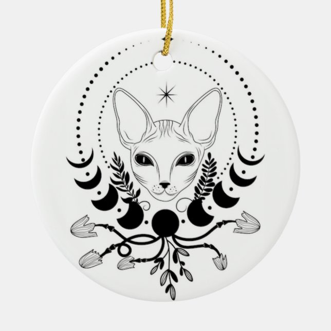 Black and White Cat Moon Window Suncatcher Ceramic Ornament (Front)