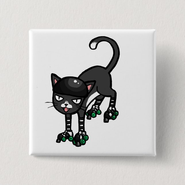 Black and white cat on Rollerskates 2 Inch Square Button (Front)