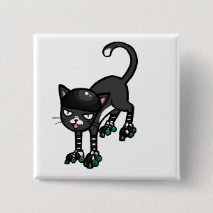 Black and white cat on Rollerskates 2 Inch Square Button