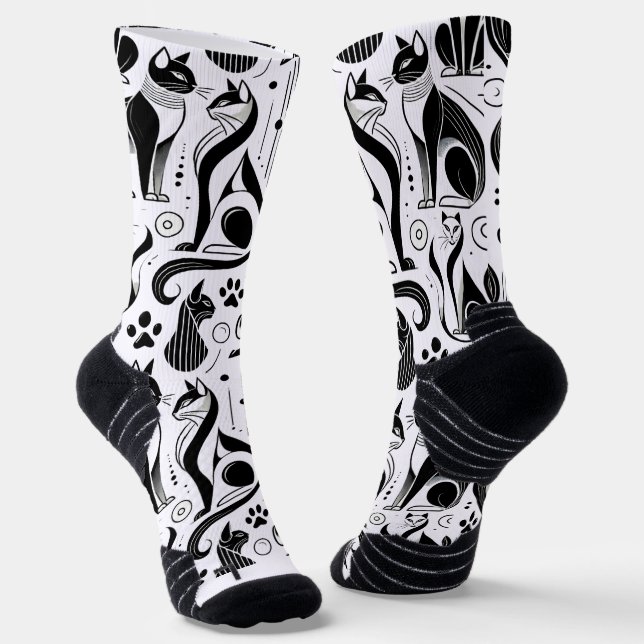 Black and White Cat Pattern Socks (Angled)