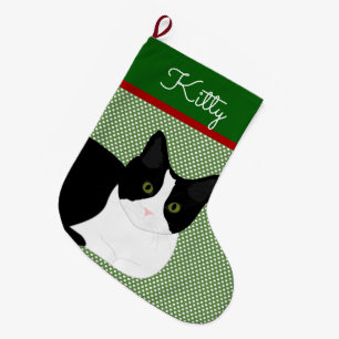 Black And White Cat Personalized Large Christmas Stocking