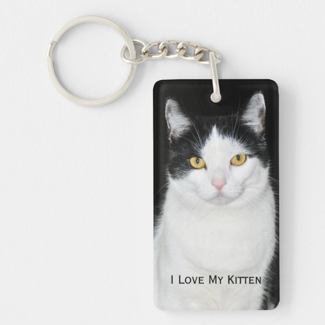 Black and White Cat Portrait Keychain (Front)
