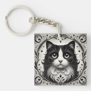 Black and White Cat Portrait Keychain