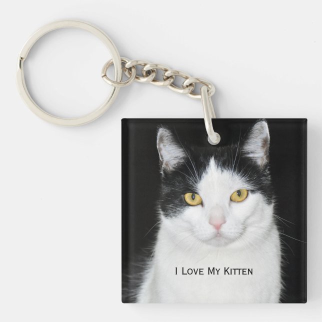 Black and White Cat Portrait Keychain (Front)