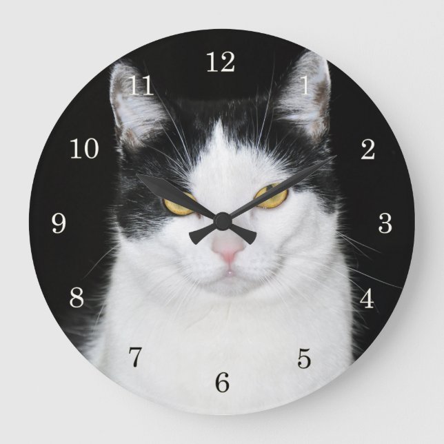 Black and White Cat Portrait Large Clock (Front)
