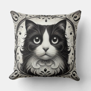  Black and White Cat Portrait Throw Pillow
