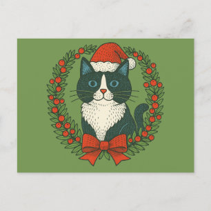Black and White Cat, Santa Christmas Holiday Postcard