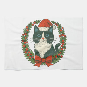 Black and White Cat, Santa Christmas Kitchen Towel