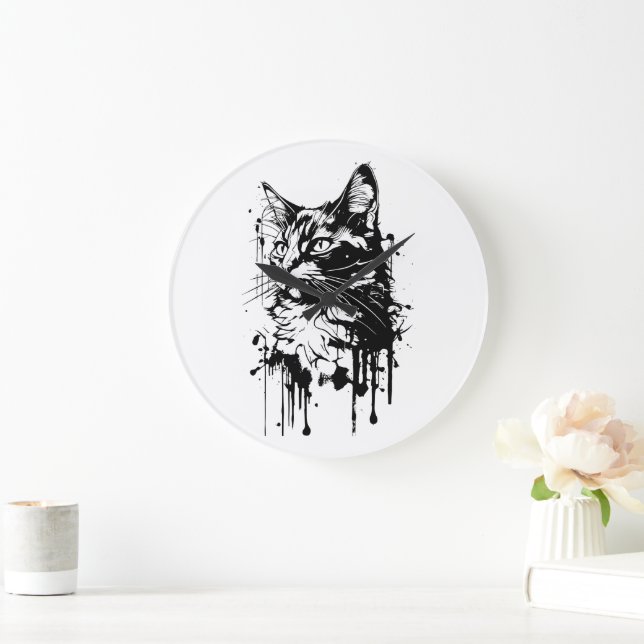 Black and White Cat Splash  Large Clock (Home)