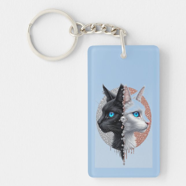 Black and White Cat Split Portrait With Blue Eyes Keychain (Front)
