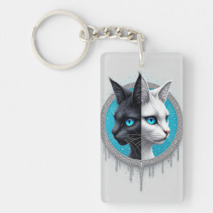 Black and White Cat Split Portrait With Blue Eyes Keychain