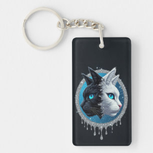 Black and White Cat Split Portrait With Blue Eyes Keychain