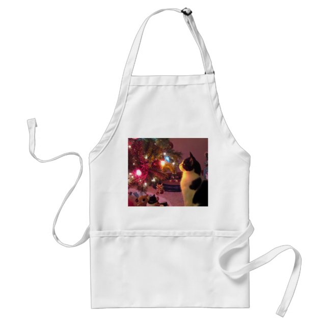 Black and White Cat w/ Christmas Tree Adult Apron (Front)
