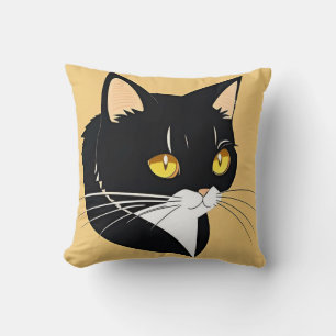 Black And White Cat With Bright Yellow Eyes Throw Pillow
