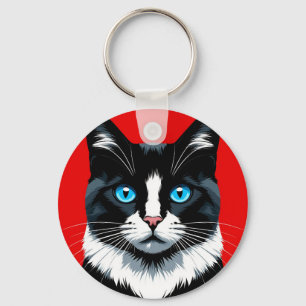 Black and White Cat With Vibrant Blue Eyes Keychain