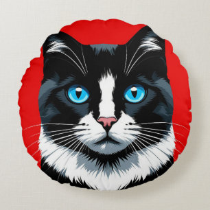 Black and White Cat With Vibrant Blue Eyes Round Pillow