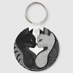 Black and White Cat Yin Yang Symbol Keychain