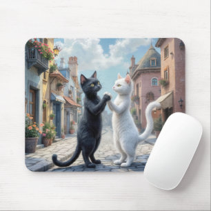 Black and White Cats Dancing On Cobblestone Mouse Pad