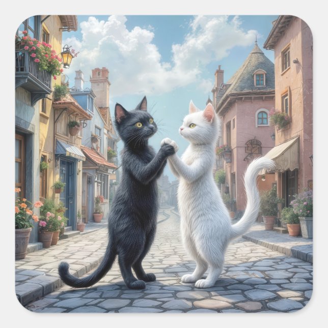 Black and White Cats Dancing On Cobblestone Square Sticker (Front)