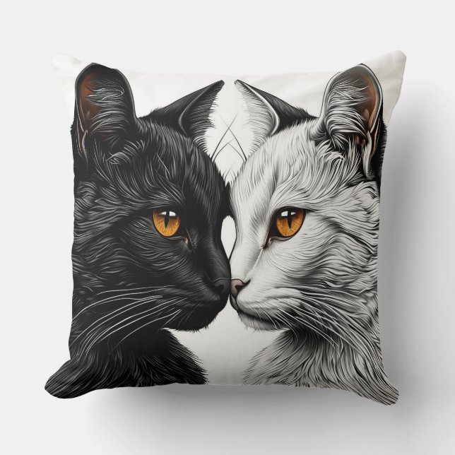 Black and White Cats Facing Each Other Throw Pillow (Front)