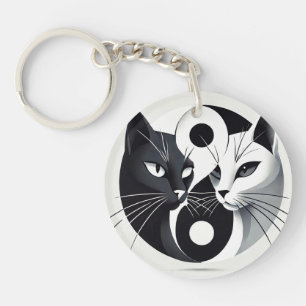 Black and White Cats Forming a Yin-Yang Symbol Keychain