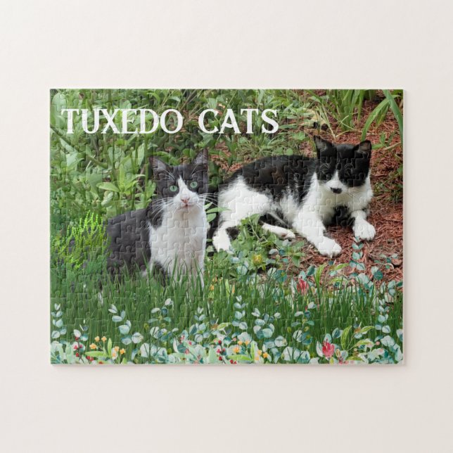 Black and White Cats in Flower Garden  Jigsaw Puzzle (Horizontal)
