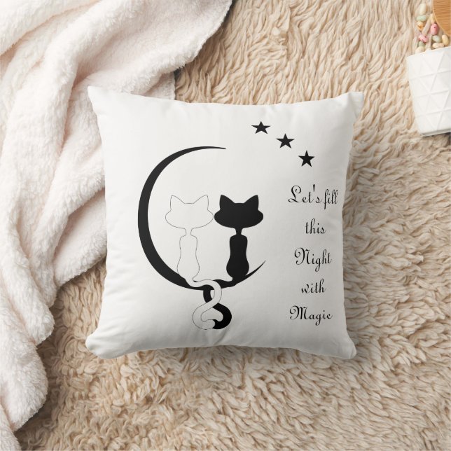Black and White Cats on Moon with Stars Magic Throw Pillow (Blanket)