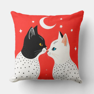 Black and White Cats Under a Crescent Moon Throw Pillow