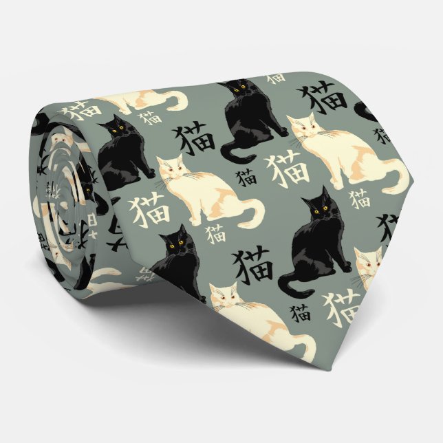 Black and white cats with japanese characters tie (Rolled)