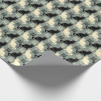 Black and white cats with japanese characters wrapping paper