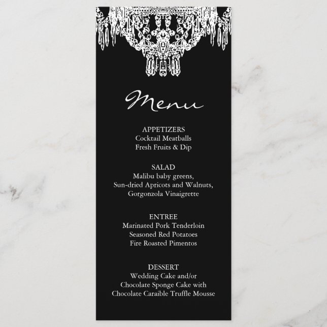 Black and White Chandelier Wedding Menu (Front)