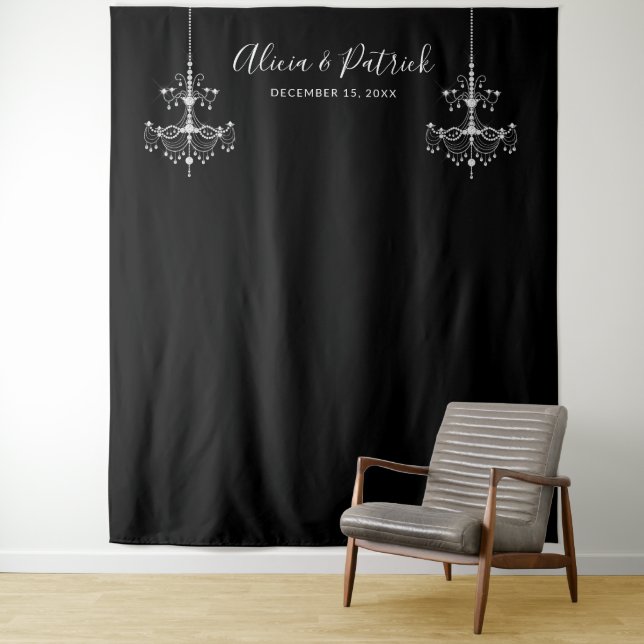 Black and White Chandeliers Wedding Photo Backdrop Tapestry (In Situ)