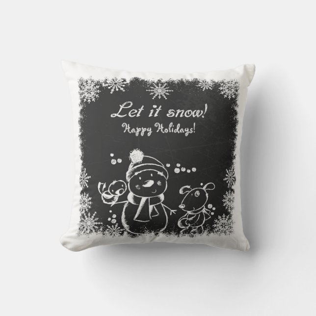 Black And White Charcoal Snowman-Let It Snow Throw Pillow (Front)