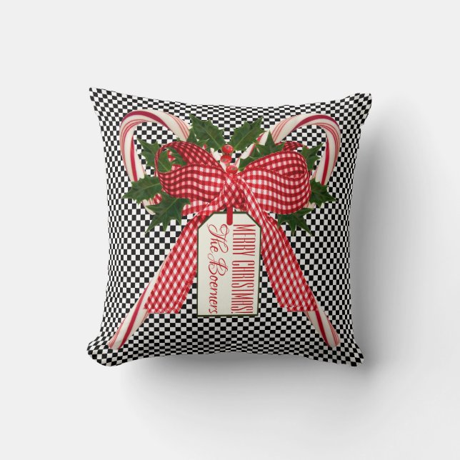 Black and White Check Candy Cane Christmas Bouquet Throw Pillow (Front)