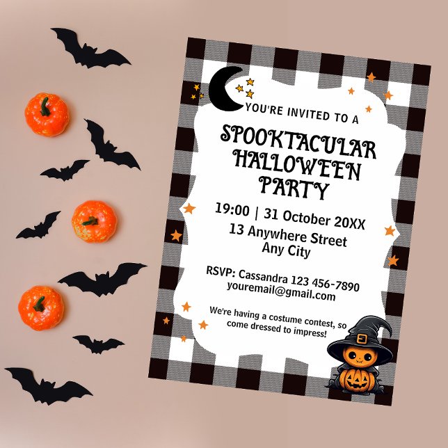 Black and White Check Gingham Halloween Invitation (Black Vichy Check Gingham Halloween Invitation.)